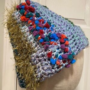 Handmade Crochet Chunky Ribbed Upcycled Multi Fiber Scrappy Yarn Beanie Hat